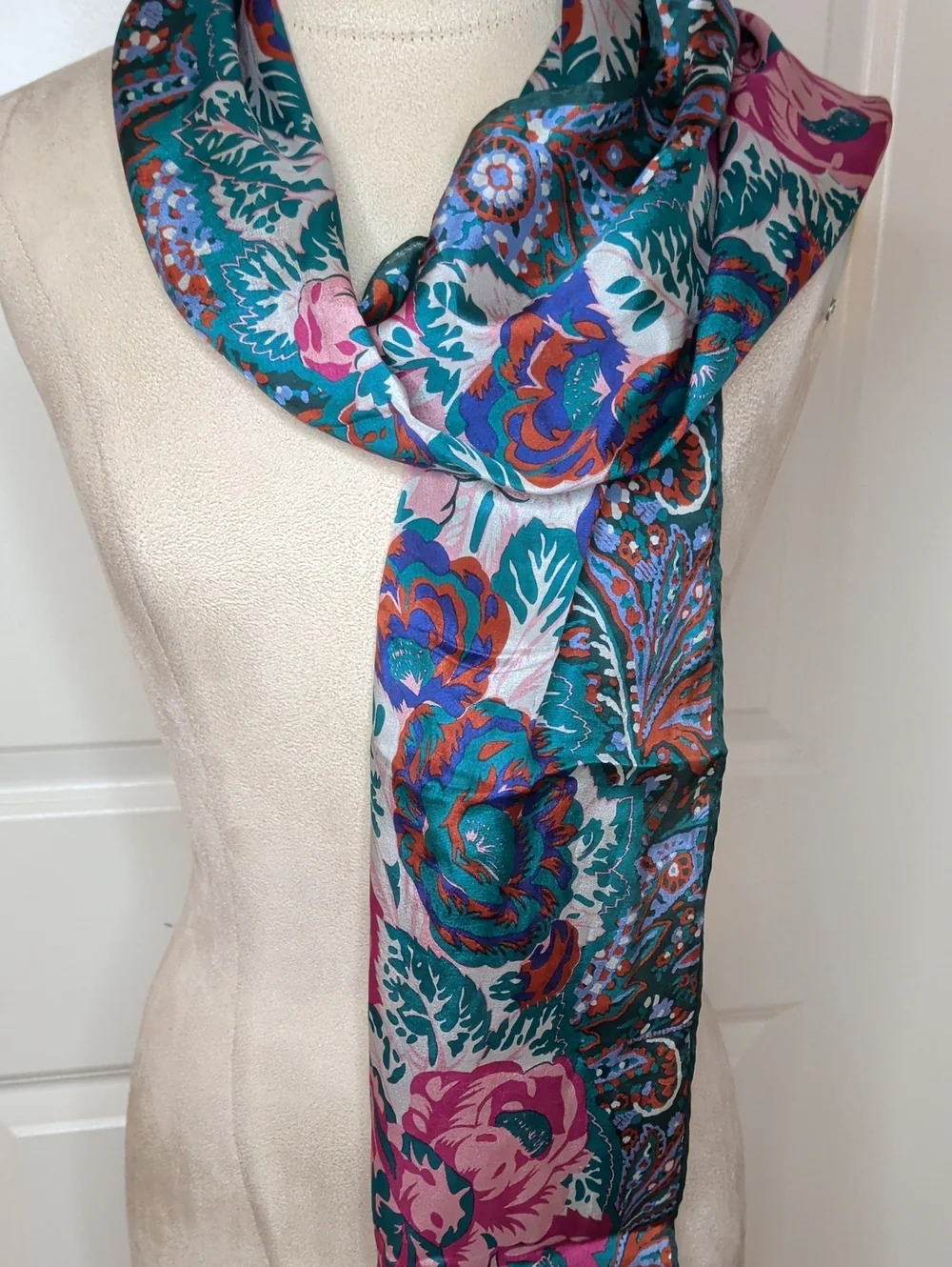 Vintage 80s Silk Honey Scarf Pink & Teal Floral Elegant Rectangle 53